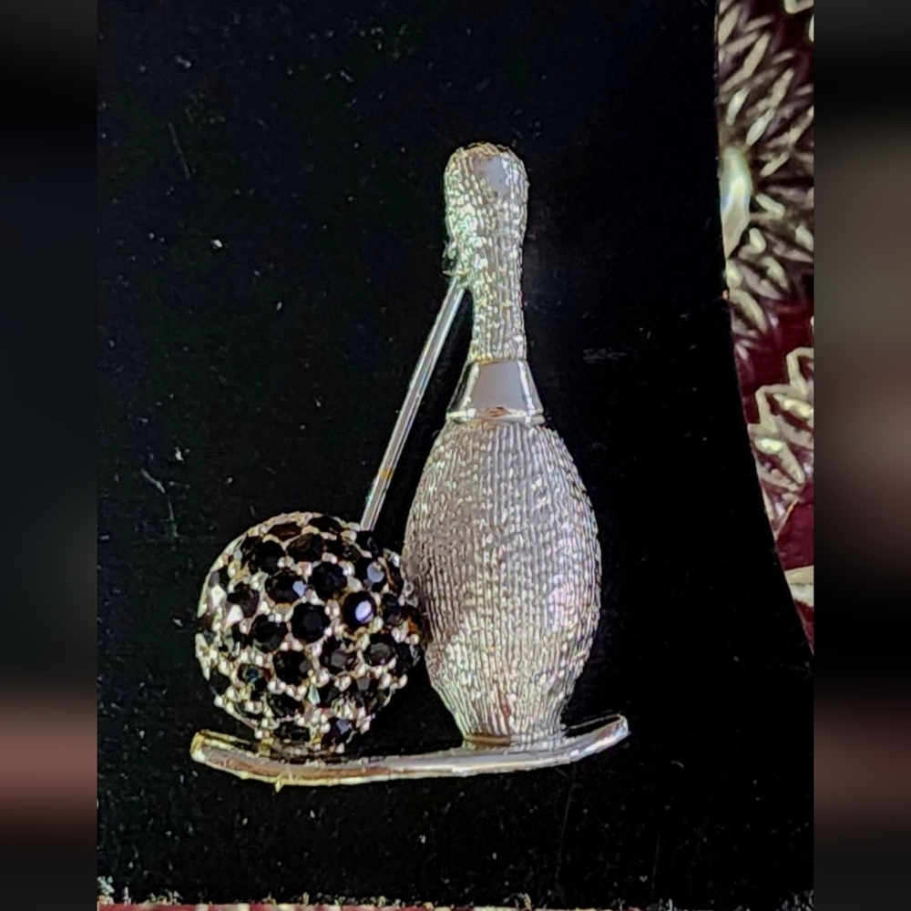 Vintage DODDS Bowling Pin and Rhinestone Bowling Ball Brooch Signed